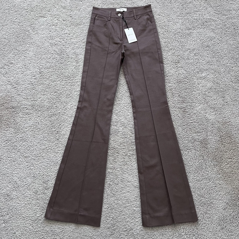 Reiss Florence Flare Trousers Womens 2 Long Brown High Rise Front Seam Stretch
